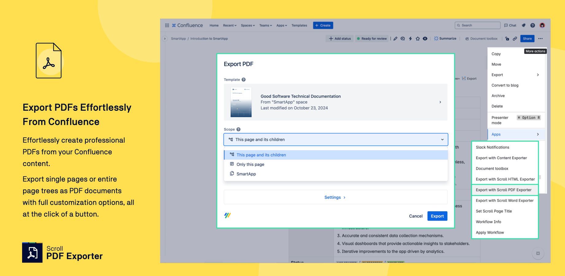 Effortlessly create professional PDFs from your Confluence content. Export single pages or entire page trees as PDF documents with full customization options, all at the click of a button.