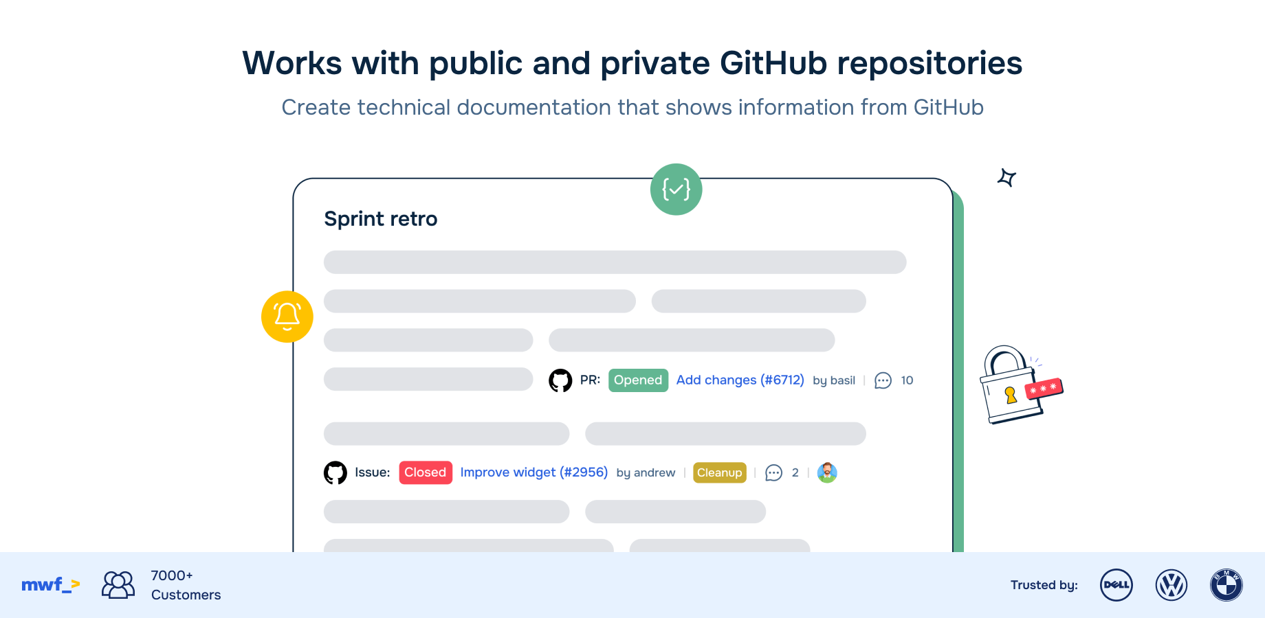 Connect private and public repositories to display real-time information from GitHub inside your Confluence docs. Works with private and public GitHub repositories and organizations.