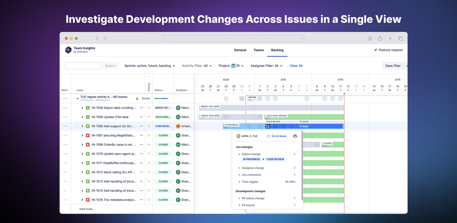 View Git branches, commits, pull requests, and tags from within the Jira issue view and across summary views that make it easy for your team to see activity across multiple issues at one time.